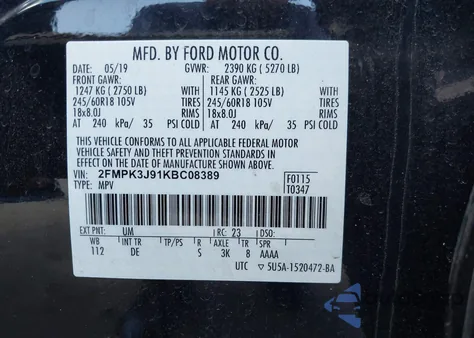 2019 Ford Edge Sel из США, поврежденный, VIN 2FMPK3J91KBC08389